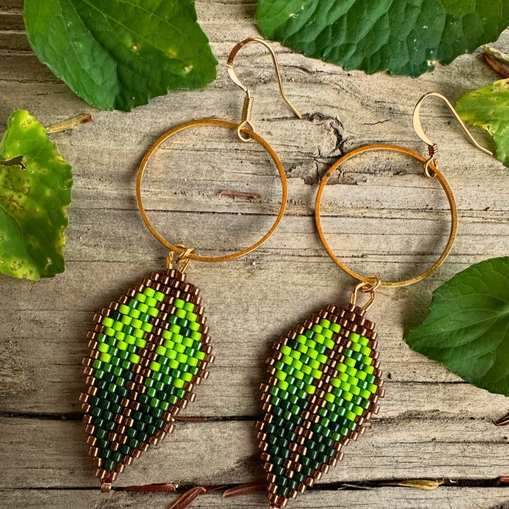 Green and Brown Beaded Earrings with Gold Hoops